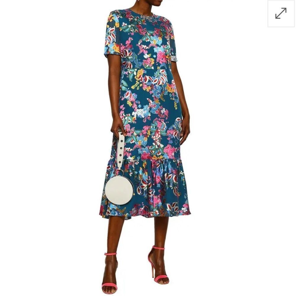 SALONI Printed Devoré Chiffon Midi Dress Multicolor Short Sleeve Sz 0